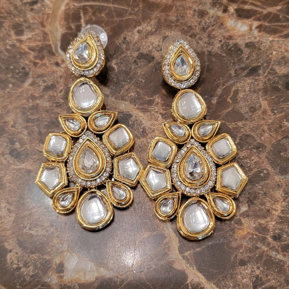 Gold and White Teardrop Kundan Statement Earrings